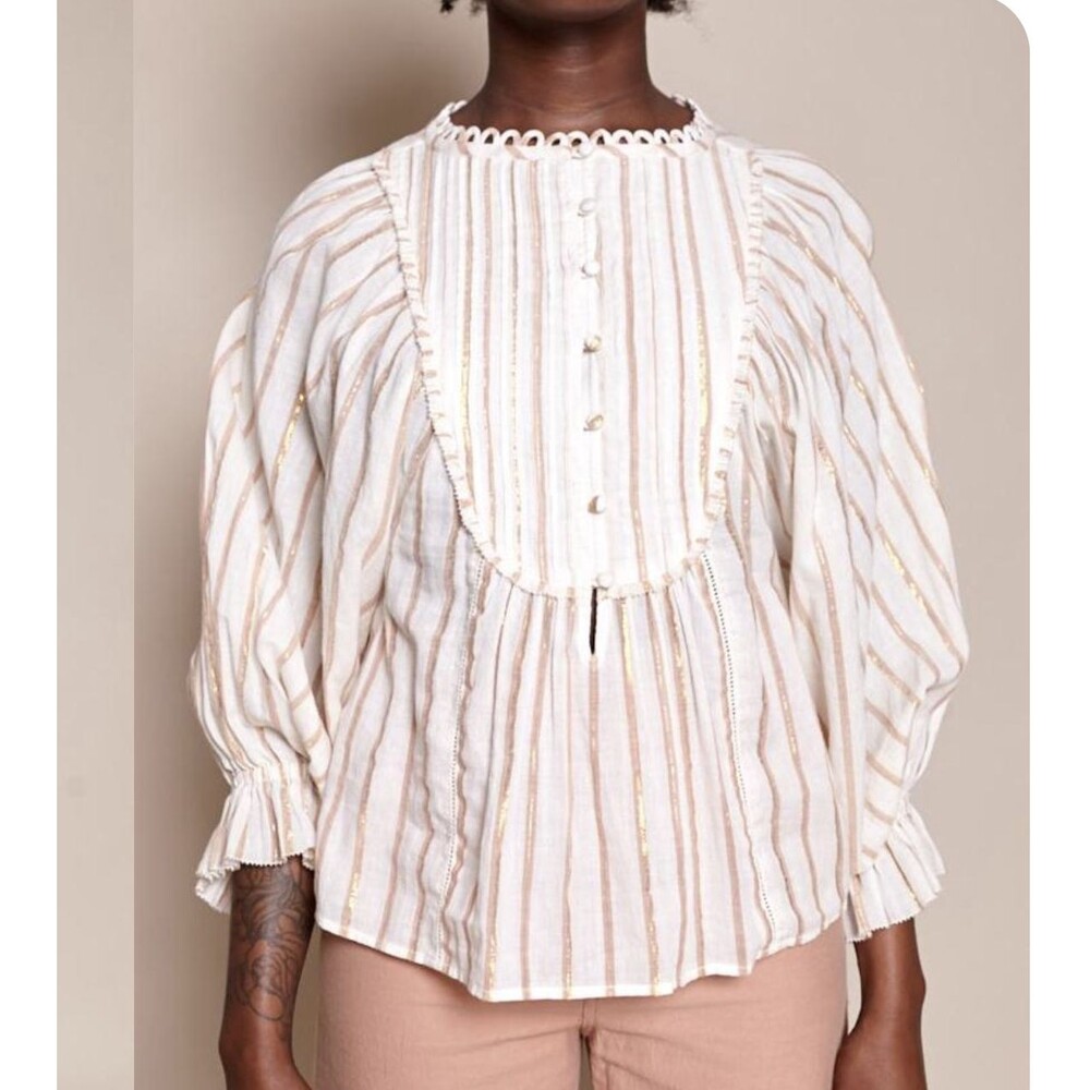 Apiece Apart Cala Bib Blouse 8 White Striped Metallic Henley Tunic Top Boho
